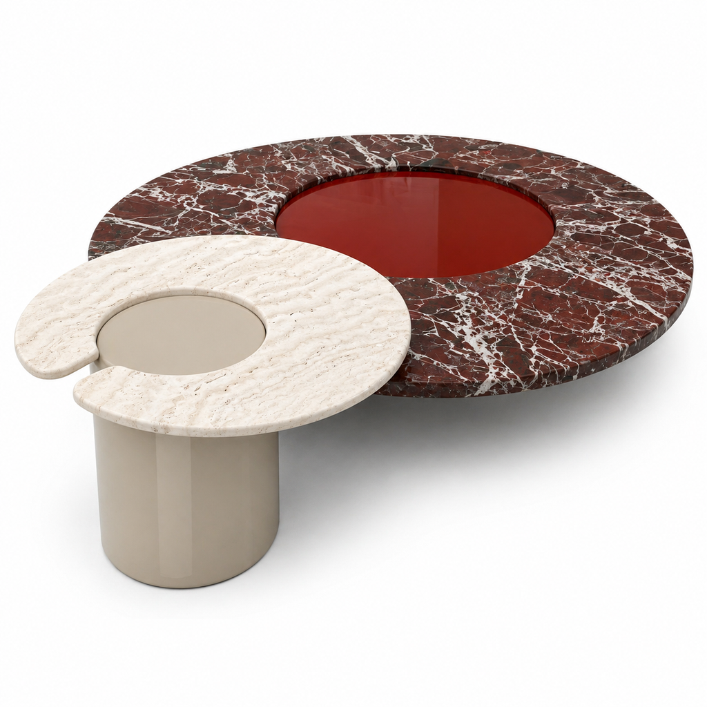 Modern coffee table with a red glass center and marble-patterned top and base.