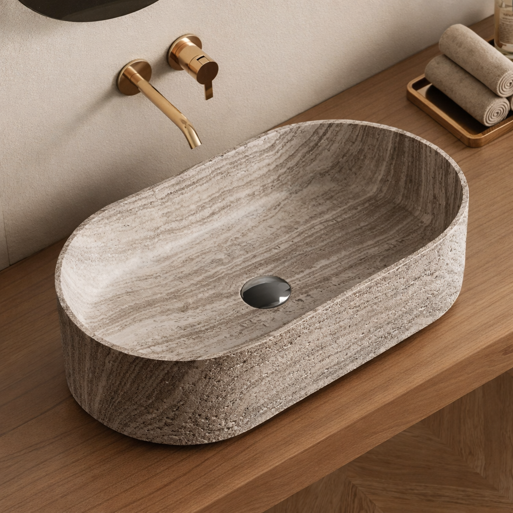 Beige Oval Stone Countertop Basin