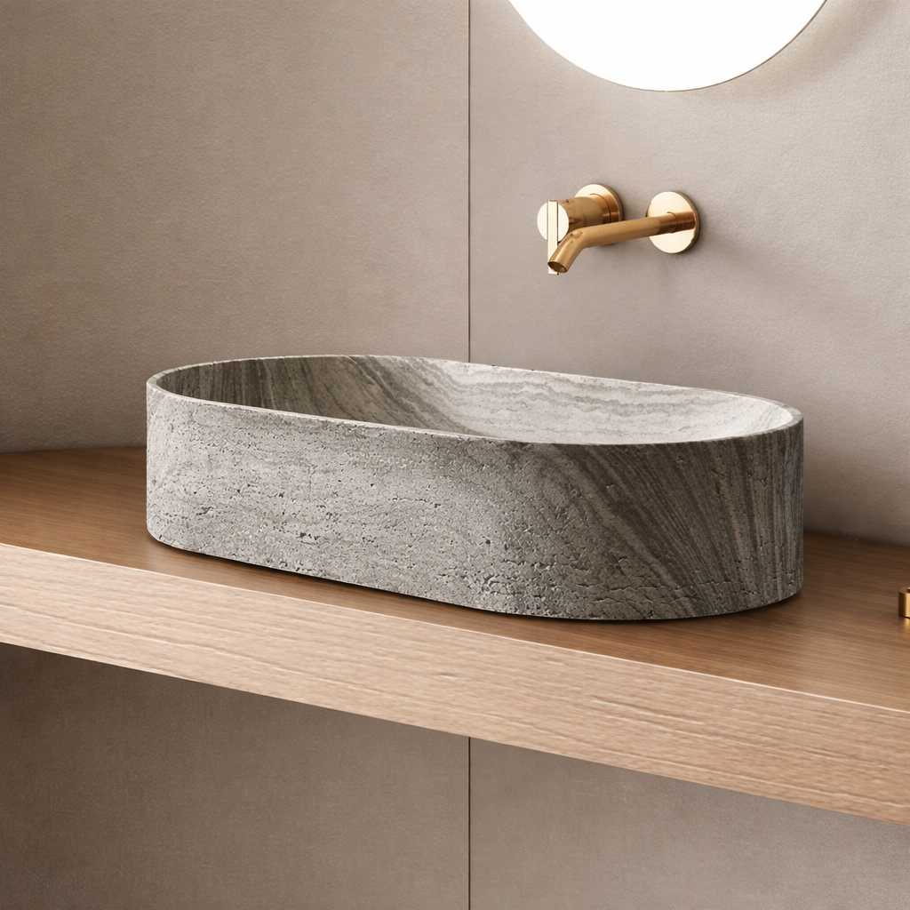 Beige Oval Stone Countertop Basin