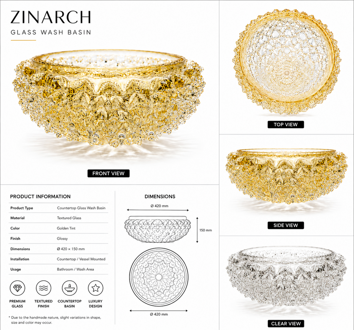 Zinarch luxury glass wash basin shown in multiple views on a branded infographic background. The product is a round, heavily textured clear glass basin with a scalloped, ornate rim, displayed from top, front, side, and clear views.