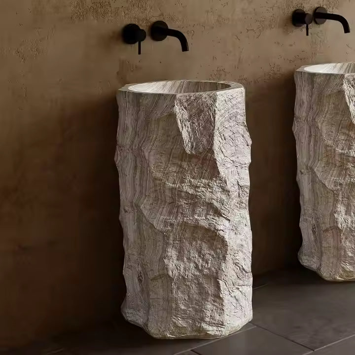 Wabi Sabi White Wood Grain  Cylindrical Free Standing Basin