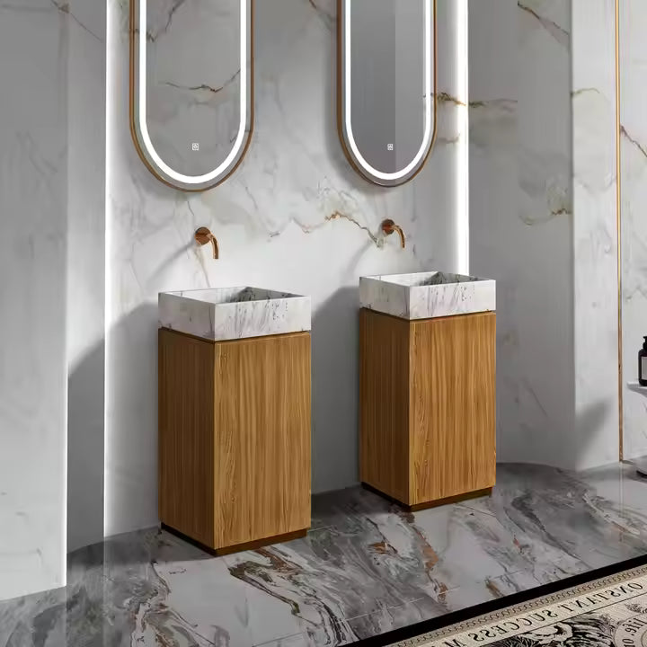 Wood Grain Stainless Steel With White Marble Freestanding Basin