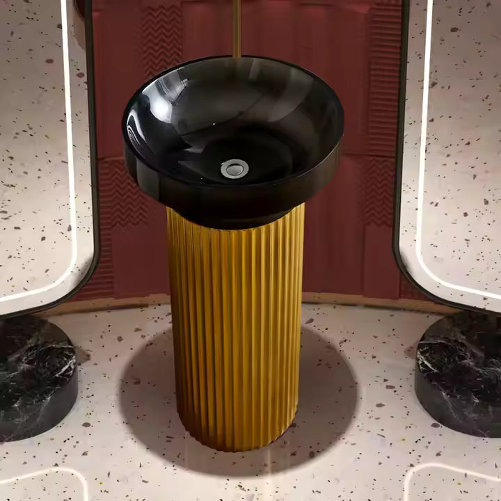 Italy‑Inspired Round Black Crystal Resin Basin on Gold Stainless Steel Pedestal – Luxury Freestanding Sink (480 × 480 × 860 mm)