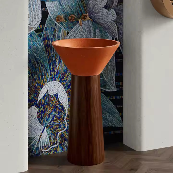 Modern Orange Artificial Stone Pedestal Sink – Wood‑Grain Stainless Steel Base