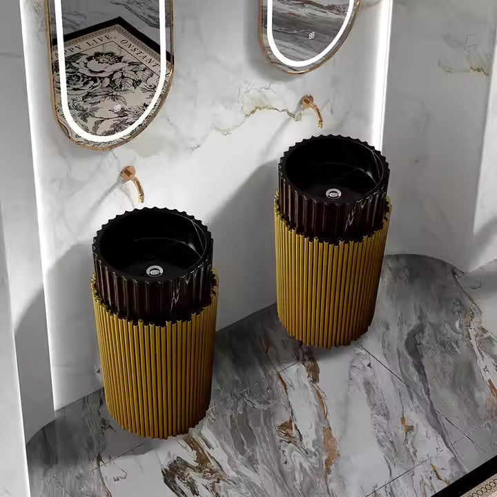 Luxury Round Marble Pedestal Sink – Natural Stone Basin with Stainless Steel Base