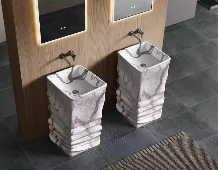 Marble Vein Resin Stone Freestanding Pedestal Basin