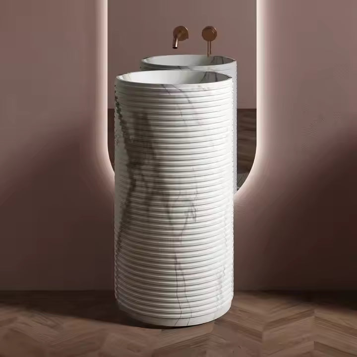 Modern Round Marble‑Pattern Artificial Stone Vessel Sink on Pedestal