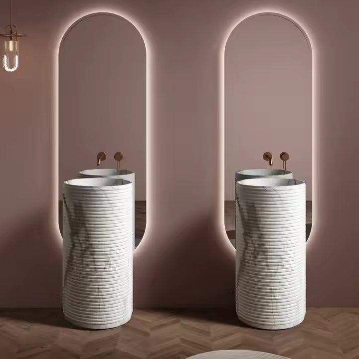 Modern Round Marble‑Pattern Artificial Stone Vessel Sink on Pedestal