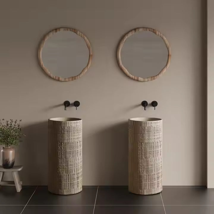 Wabi‑Sabi Style Round White Wood‑Grain Travertine Artificial Stone Basin – 400 × 400 × 860 mm Freestanding Pedestal Sink