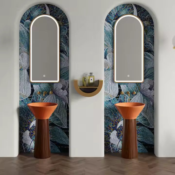 Modern Orange Artificial Stone Pedestal Sink – Wood‑Grain Stainless Steel Base