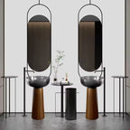 Modern Freestanding Washbasin with Wood Grain Stainless Steel Base and Grey Transparent Resin Basin Art Bathroom Pedestal Sink