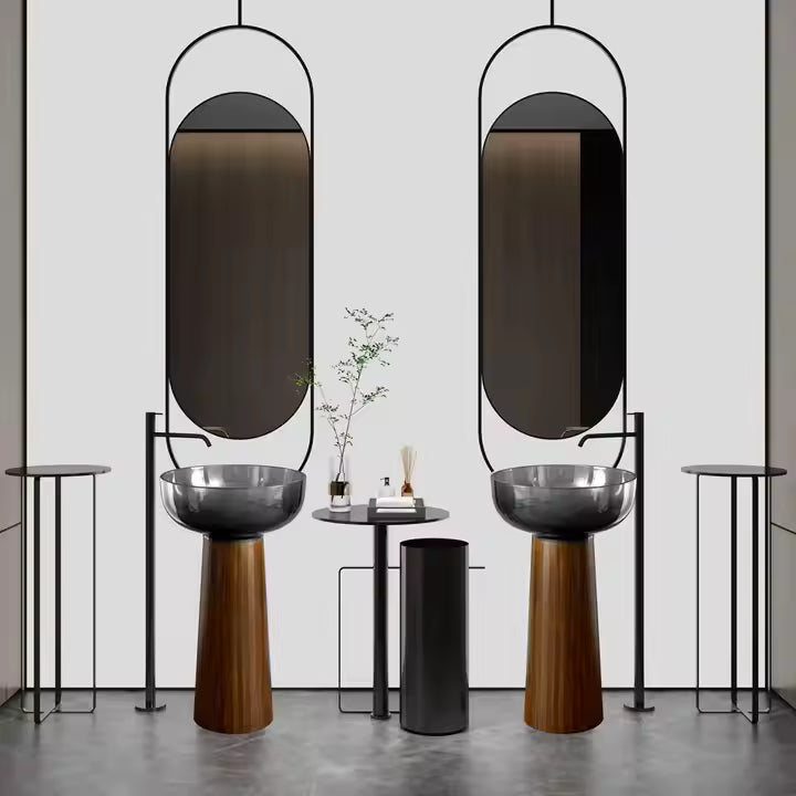 Modern Freestanding Washbasin with Wood Grain Stainless Steel Base and Grey Transparent Resin Basin Art Bathroom Pedestal Sink