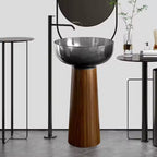 Modern Freestanding Washbasin with Wood Grain Stainless Steel Base and Grey Transparent Resin Basin Art Bathroom Pedestal Sink