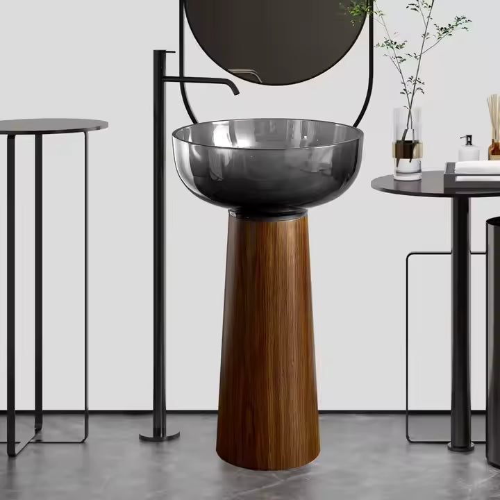 Modern Freestanding Washbasin with Wood Grain Stainless Steel Base and Grey Transparent Resin Basin Art Bathroom Pedestal Sink