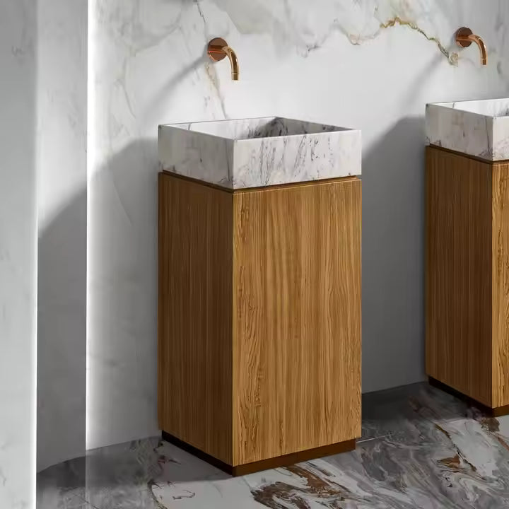 Wood Grain Stainless Steel With White Marble Freestanding Basin