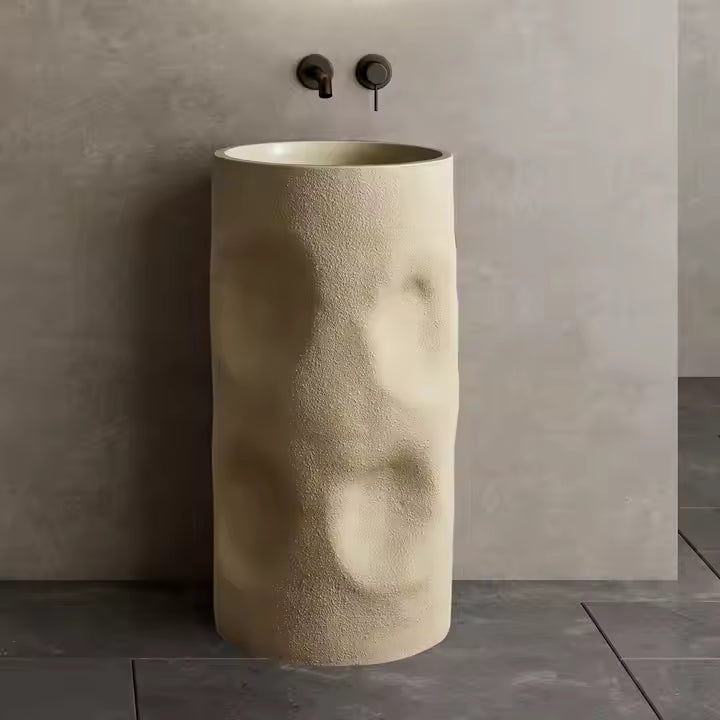 Wabi‑Sabi Style Round Cream Travertine Artificial Stone Basin – 400×400×860 mm Freestanding Pedestal Sink