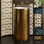 Luxury Freestanding Travertine-Style Basin with Gold Pedestal – Modern Pedestal Sink for UAE Bathrooms 400×400×860 mm)