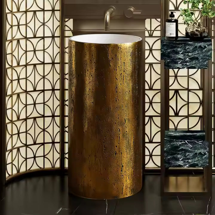 Luxury Freestanding Travertine-Style Basin with Gold Pedestal – Modern Pedestal Sink for UAE Bathrooms 400×400×860 mm)