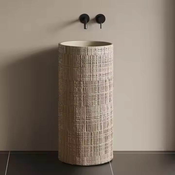 Wabi‑Sabi Style Round White Wood‑Grain Travertine Artificial Stone Basin – 400 × 400 × 860 mm Freestanding Pedestal Sink