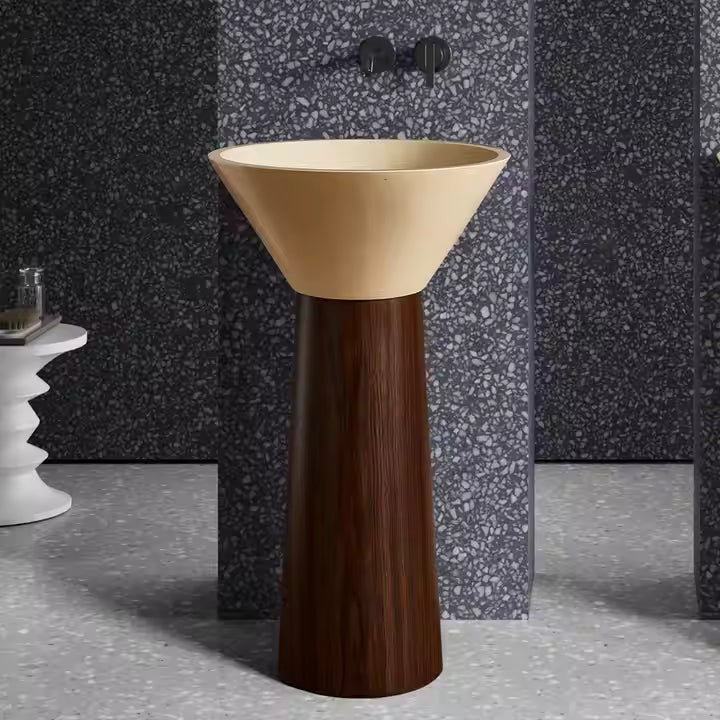 Luxury Cream Artificial Stone Pedestal Wash Basin Wood‑Grain Stainless Steel Base