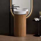 Modern Round Artificial Stone Basin with Wood‑Grain SS Pedestal – Stylish Freestanding Sink