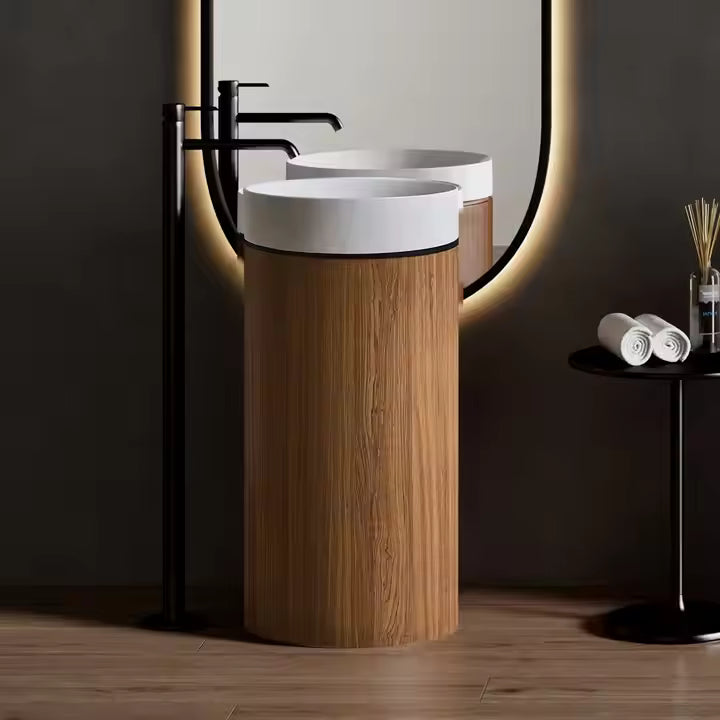 Modern Round Artificial Stone Basin with Wood‑Grain SS Pedestal – Stylish Freestanding Sink