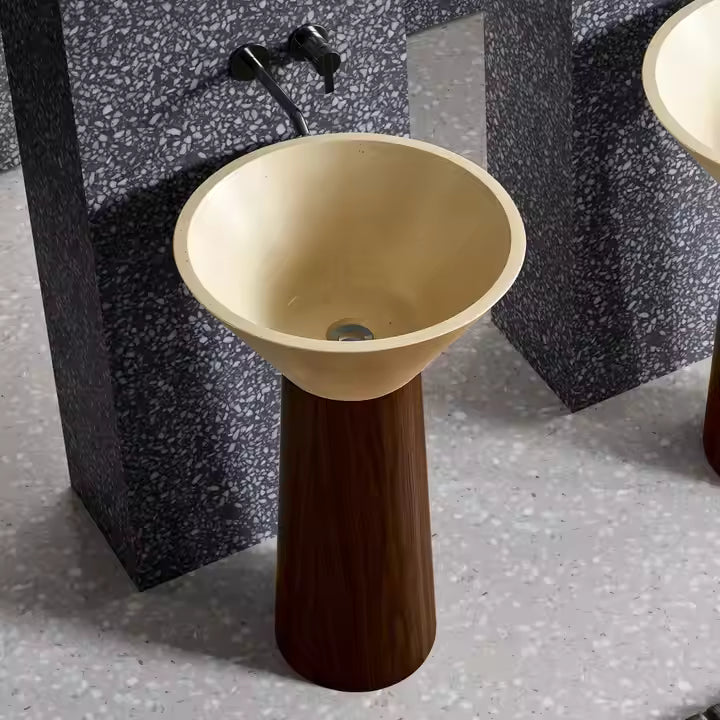 Luxury Cream Artificial Stone Pedestal Wash Basin Wood‑Grain Stainless Steel Base