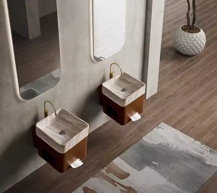 Wooden color Square shape artificial Stone Hanging sink