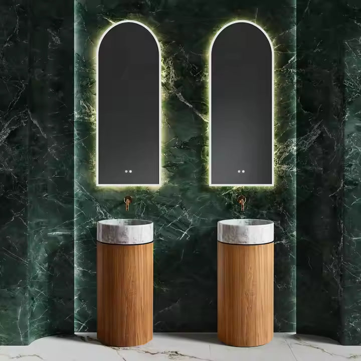 Fashion Design Floor Standing Independent Washbasin with Wood Grain Stainless Steel Base and White Marble Washbasin Combination