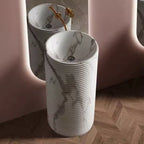 Modern Round Marble‑Pattern Artificial Stone Vessel Sink on Pedestal