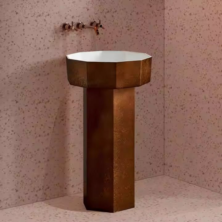 Antique Style Lectroplate Red Bronze Artificial Stone Freestanding Floor Standing Washbasin Bathroom Pedestal Hand Washing Sink