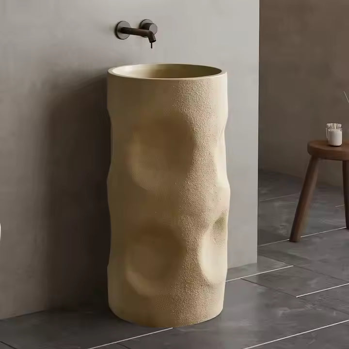Wabi‑Sabi Style Round Cream Travertine Artificial Stone Basin – 400×400×860 mm Freestanding Pedestal Sink