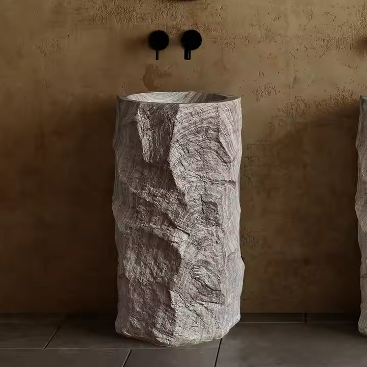 Wabi Sabi White Wood Grain  Cylindrical Free Standing Basin