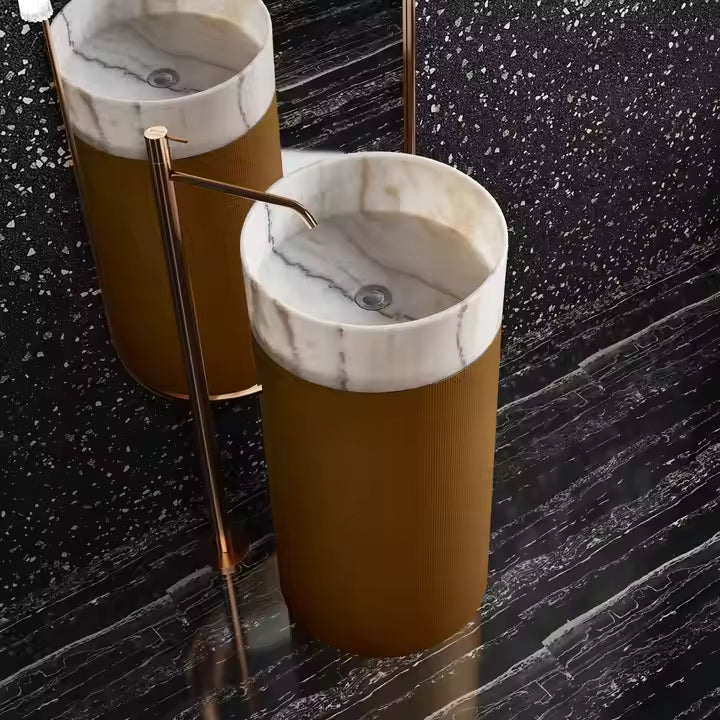 Modern Design Golden Pulling Groove Stainless Steel Pedestal with White Marble Basin Freestanding Round Pedestal Sink Basin