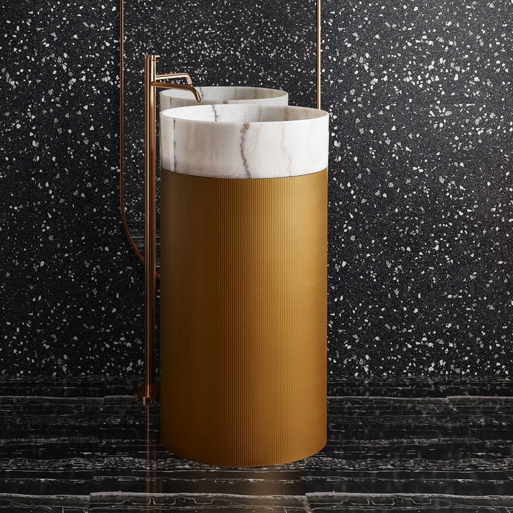 Modern Design Golden Pulling Groove Stainless Steel Pedestal with White Marble Basin Freestanding Round Pedestal Sink Basin