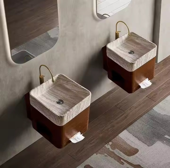 Wooden color Square shape artificial Stone Hanging sink