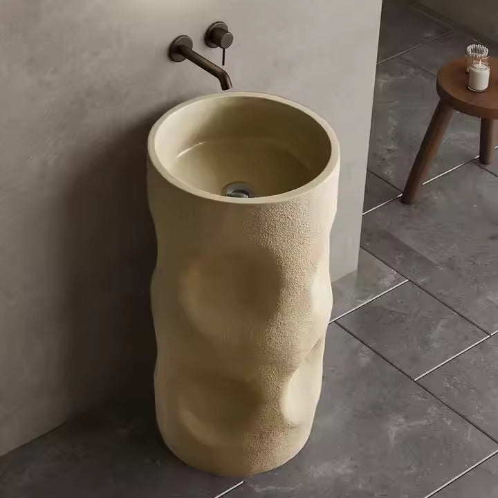 Wabi‑Sabi Style Round Cream Travertine Artificial Stone Basin – 400×400×860 mm Freestanding Pedestal Sink