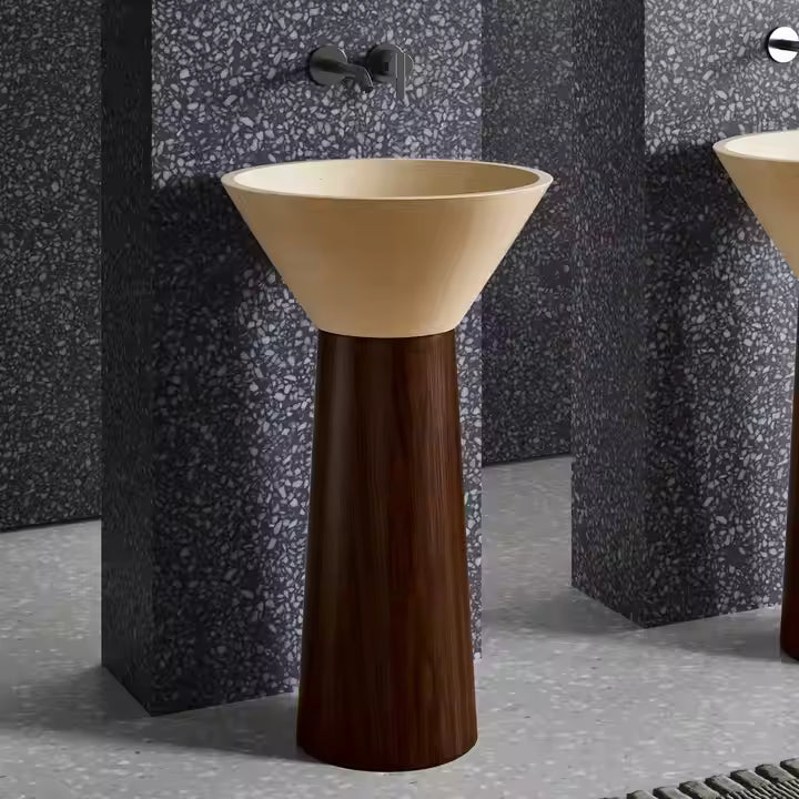 Luxury Cream Artificial Stone Pedestal Wash Basin Wood‑Grain Stainless Steel Base