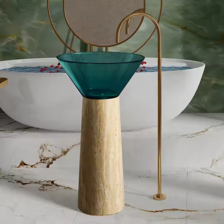 Designer Travertine Pedestal & Blue Translucent Resin Round Vessel Sink