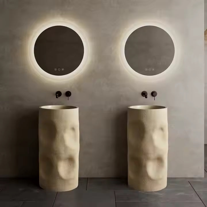 Wabi‑Sabi Style Round Cream Travertine Artificial Stone Basin – 400×400×860 mm Freestanding Pedestal Sink
