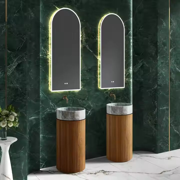 Fashion Design Floor Standing Independent Washbasin with Wood Grain Stainless Steel Base and White Marble Washbasin Combination