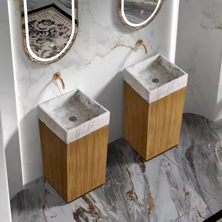 Wood Grain Stainless Steel With White Marble Freestanding Basin