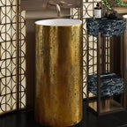 Luxury Freestanding Travertine-Style Basin with Gold Pedestal – Modern Pedestal Sink for UAE Bathrooms 400×400×860 mm)