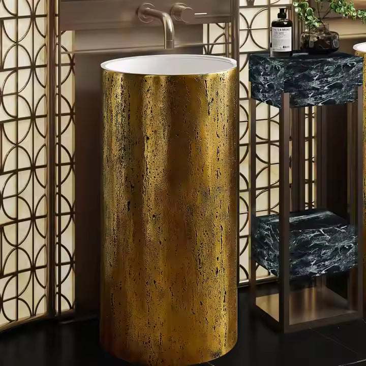 Luxury Freestanding Travertine-Style Basin with Gold Pedestal – Modern Pedestal Sink for UAE Bathrooms 400×400×860 mm)