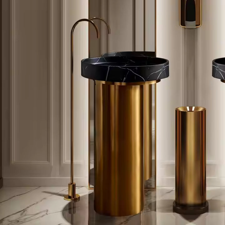 Italian Luxury Gold Finish 304 SS Pedestal Sink with Black Marble Bowl