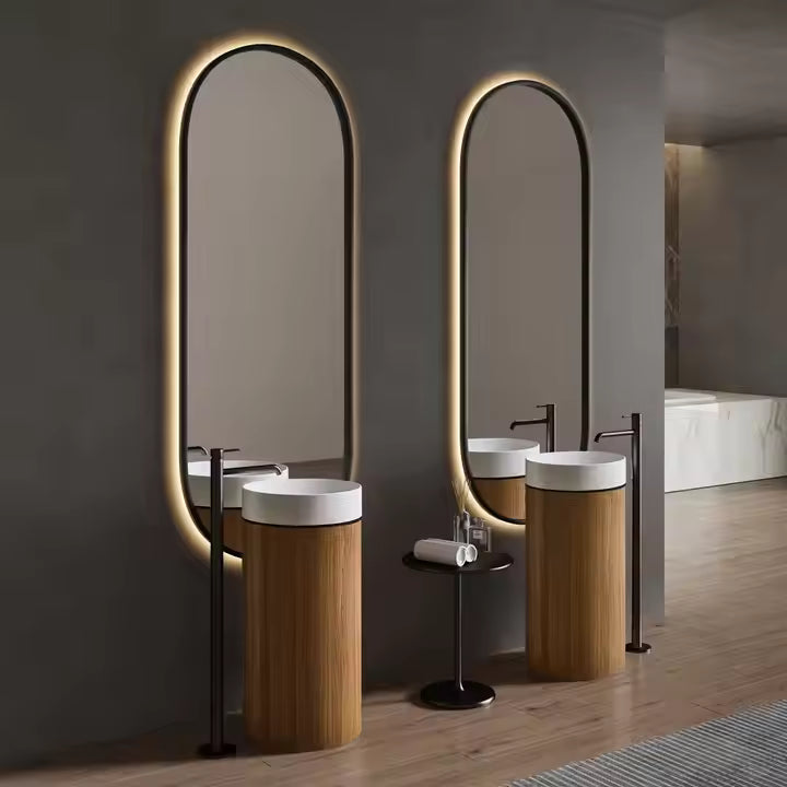 Modern Round Artificial Stone Basin with Wood‑Grain SS Pedestal – Stylish Freestanding Sink