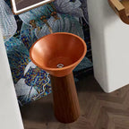 Modern Orange Artificial Stone Pedestal Sink – Wood‑Grain Stainless Steel Base