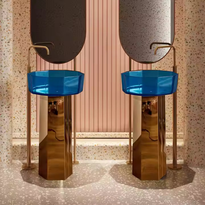 Light Luxury Style Rose Gold Stainless Steel and Transparent Blue Resin Washbasin Combination Pedestal Free Standing Wash Basin