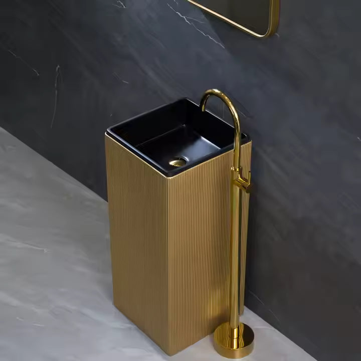 Luxury Modern Black Gold Square Shape Solid Surface Freestanding Washbasin