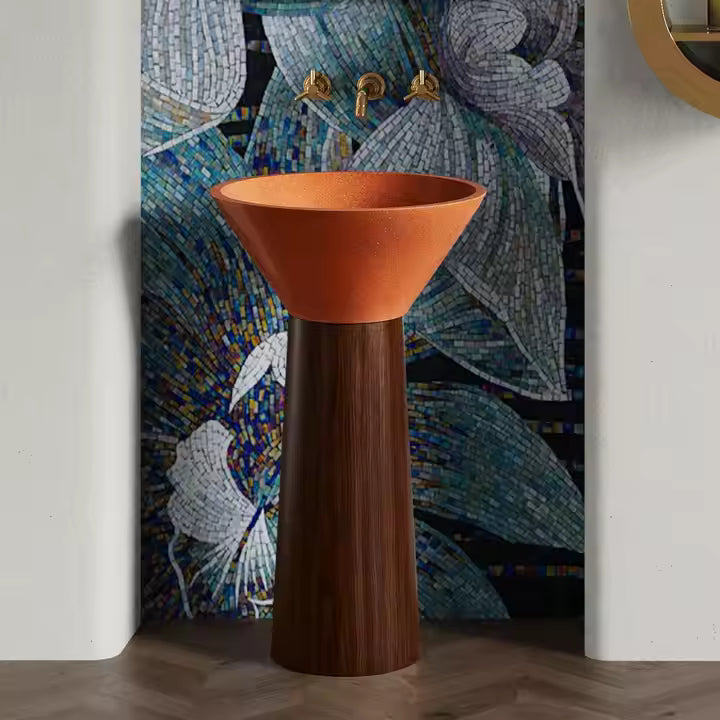 Modern Orange Artificial Stone Pedestal Sink – Wood‑Grain Stainless Steel Base